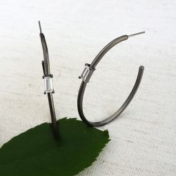 Black Oval Hoop Earrings, Single CZ Stone